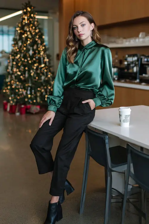 A woman wears an emerald green satin blouse, black straight pants, small pearl earrings, block heel ankle boots