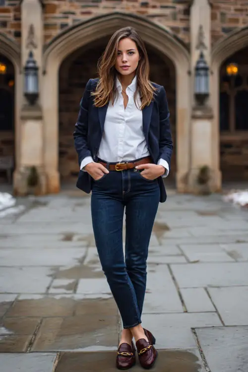 A woman wears dark blue jeans paired with a crisp white button-down, layered under a navy blazer, finished with loafers and a leather belt