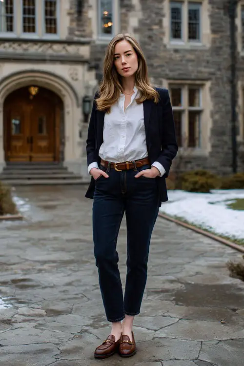 A woman wears dark blue jeans paired with a crisp white button-down, layered under a navy blazer, finished with loafers and a leather belt