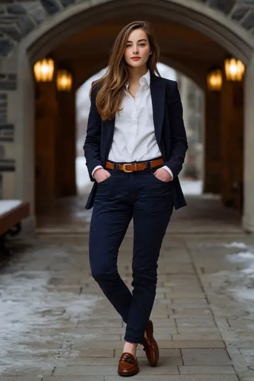 A woman wears dark blue jeans paired with a crisp white button-down, layered under a navy blazer, finished with loafers and a leather belt