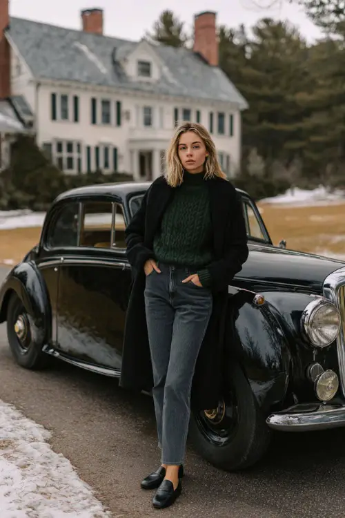 A woman wears high-rise jeans with a forest green cable-knit sweater, topped with a black wool coat and loafers, full body near a vintage car parked outside a winter estate
