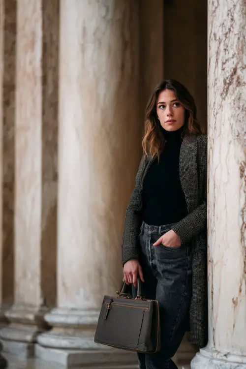 A woman wears vintage-wash jeans with a black wool turtleneck, a gray herringbone coat, and structured handbag