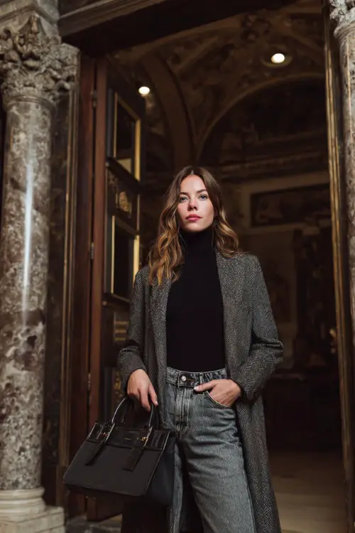 A woman wears vintage-wash jeans with a black wool turtleneck, a gray herringbone coat, and structured handbag, full body in a marble-columned museum entrance