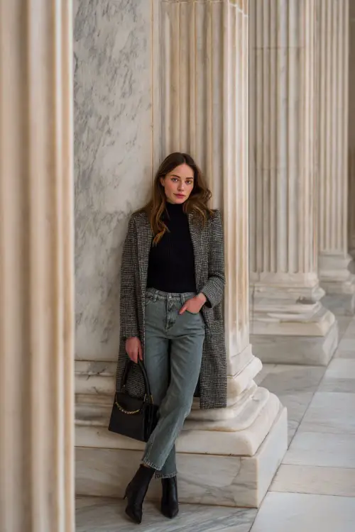 A woman wears vintage-wash jeans with a black wool turtleneck, a gray herringbone coat, and structured handbag, full body in a marble-columned museum entrance