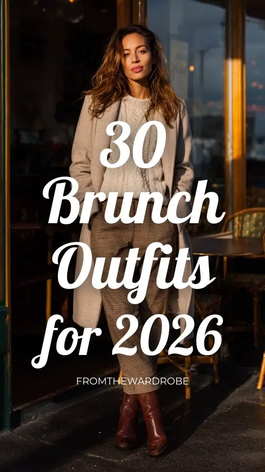 a woman wearing a brunch outfit with a cozy knit sweater tucked into tailored trousers, layered with a long wool coat and styled with ankle boots