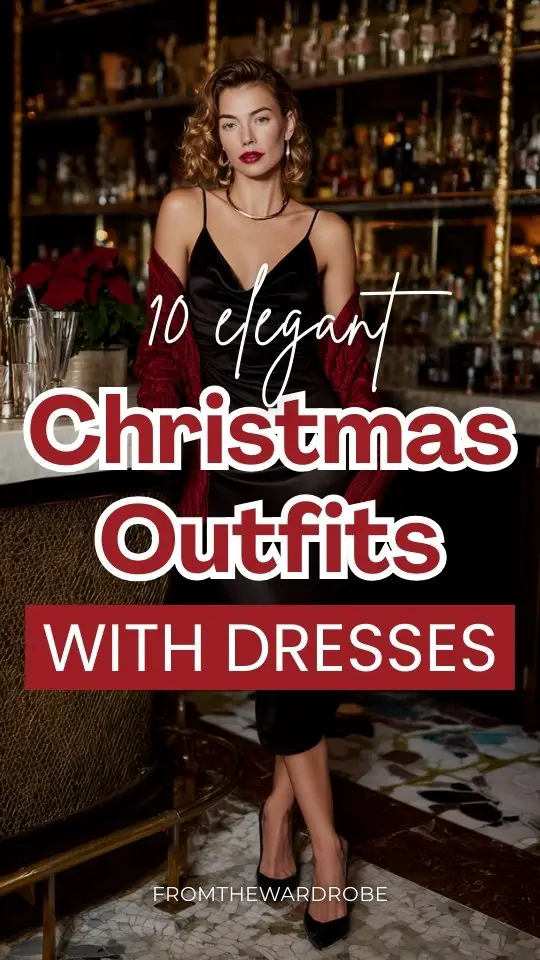 a woman wears a Christmas outfit with a dress, ruby cardigan draped on shoulders, thin gold bracelet, sleek heels