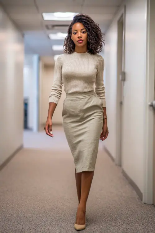 Full-body image of a Black woman in a soft knit top paired with a midi pencil skirt and block-heel shoes, stylish business casual ensemble, professional office corridor 