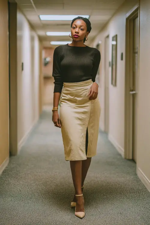 Full-body image of a Black woman in a soft knit top paired with a midi pencil skirt and block-heel shoes, stylish business casual ensemble, professional office corridor