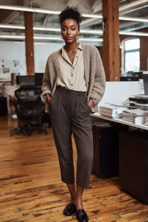 Full-body image of a Black woman wearing a structured cardigan over a button-down shirt, ankle-length tailored pants, and loafers, relaxed yet professional business casual outfit 