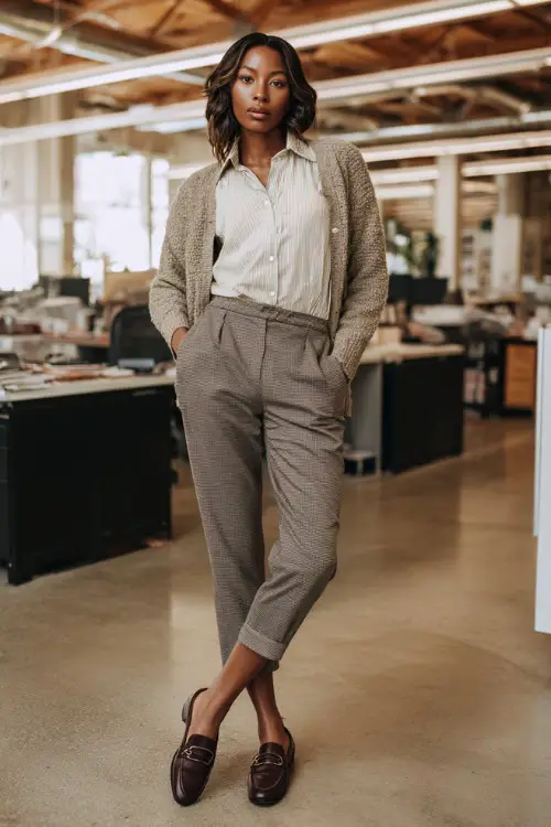 Full-body image of a Black woman wearing a structured cardigan over a button-down shirt, ankle-length tailored pants, and loafers, relaxed yet professional business casual outfit
