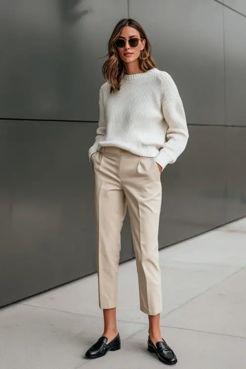 Full-body image of a woman in a lightweight sweater paired with tailored ankle pants and classic loafers, timeless simple business casual outfit, clean modern office background 