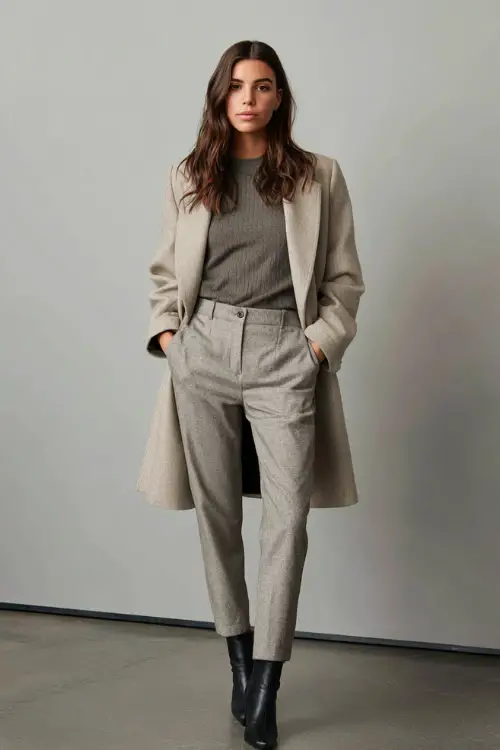 Full-body image of a woman in a monochrome winter business casual outfit featuring a wool coat, matching trousers, a fine-knit top, and ankle boots, clean modern aesthetic