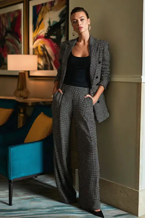 Full-body image of a woman in a statement blazer layered over a simple top and tailored trousers, styled with bold accessories and heels, fashionable business casual party style