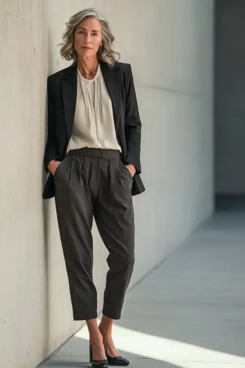 Full-body image of a woman over 40 in a monochrome business casual outfit featuring a blazer, matching trousers, and a soft knit blouse, modern elegant aesthetic