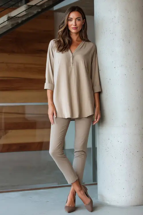 Full-body image of a woman over 40 in a neutral-toned tunic top paired with slim-fit ankle pants and low block heels, casual yet refined business casual ensemble 