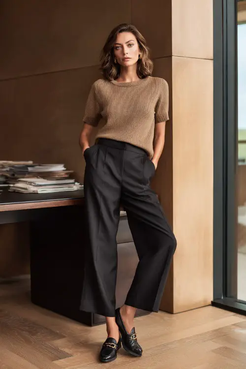 Full-body image of a woman over 40 wearing a fine-knit short-sleeve sweater tucked into wide-leg trousers with loafers, comfortable yet polished business casual outfit 