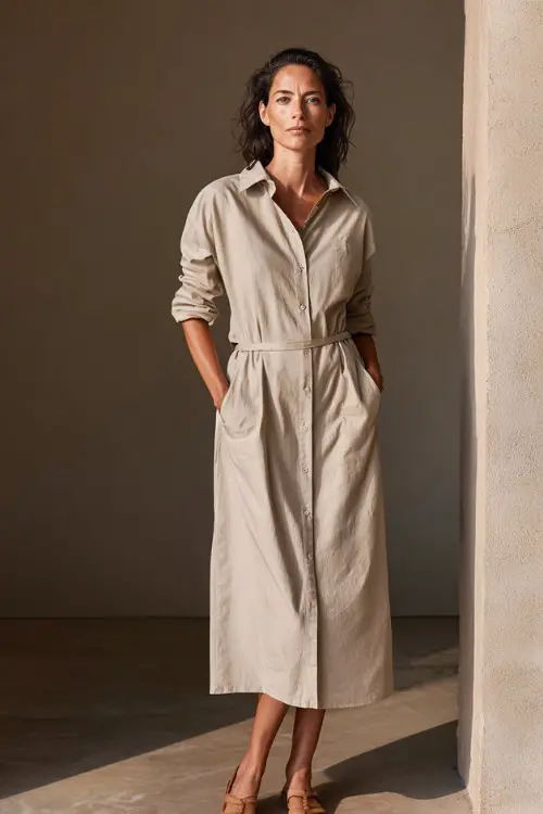 Full-body image of a woman over 40 wearing a simple midi shirt dress with rolled sleeves and flat sandals, relaxed business casual outfit