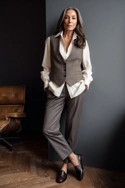 Full-body image of a woman over 50 dressed in a tailored vest worn over a long-sleeve blouse, straight-leg trousers, and loafers, contemporary business casual outfit
