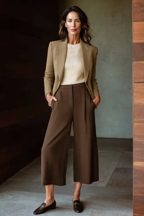 Full-body image of a woman over 50 wearing a soft tailored jacket over a ribbed knit top, wide-leg trousers, and elegant loafers, modern refined business casual outfit 