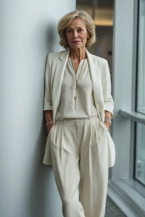 Full-body image of a woman over 55 in a monochrome outfit featuring a lightweight blazer, matching trousers, and a soft knit blouse, modern elegant aesthetic