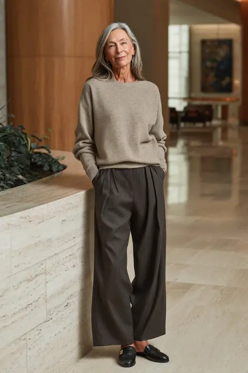 Full-body image of a woman over 55 wearing a fine-knit sweater tucked into wide-leg trousers with loafers, comfortable yet elegant business casual outfit 