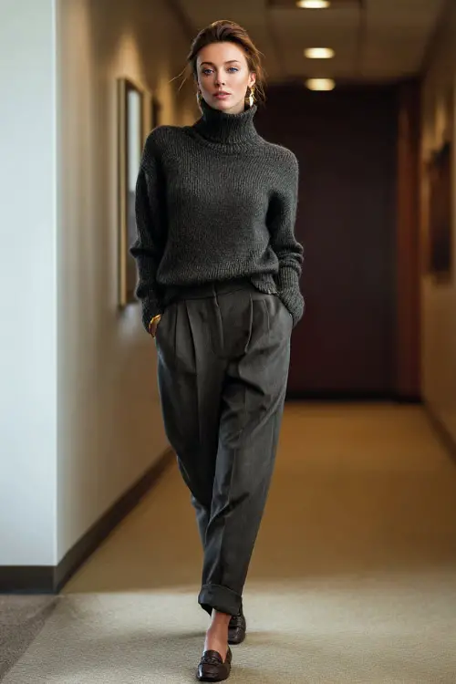 Full-body image of a woman wearing a chunky turtleneck sweater tucked into high-waisted tailored pants with loafers, relaxed yet professional winter business casual look