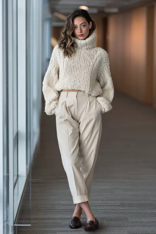 Full-body image of a woman wearing a chunky turtleneck sweater tucked into high-waisted tailored pants with loafers, relaxed yet professional winter business casual look 