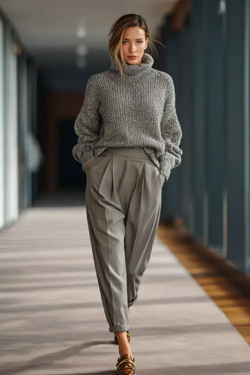 Full-body image of a woman wearing a chunky turtleneck sweater tucked into high-waisted tailored pants with loafers, relaxed yet professional winter business casual look,
