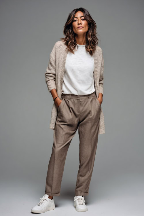Full-body image of a woman wearing a lightweight cardigan layered over a plain tee, straight-leg trousers, and white leather sneakers, casual-leaning business casual outfit 