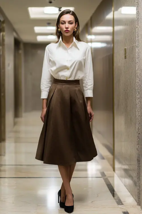 Full-body image of a woman wearing a midi skirt paired with a structured blouse and block-heel shoes, elegant business casual work look, corporate office hallway setting 