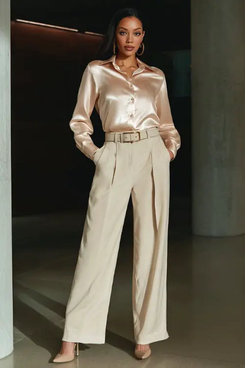 Full-body image of a woman wearing wide-leg trousers paired with a satin blouse and a belt, finished with block-heel pumps, polished business casual outfit for after-work parties 