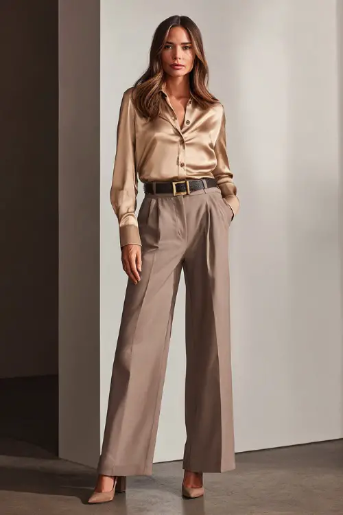 Full-body image of a woman wearing wide-leg trousers paired with a satin blouse and a belt, finished with block-heel pumps, polished business casual outfit for after-work parties