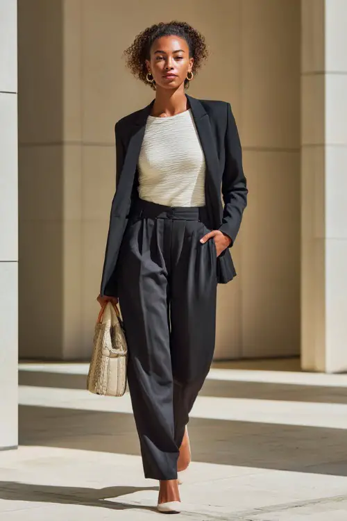 Full-body photo of a Black woman styled in a longline blazer with matching trousers and a refined knit top, sophisticated business casual look, bright modern office setting 