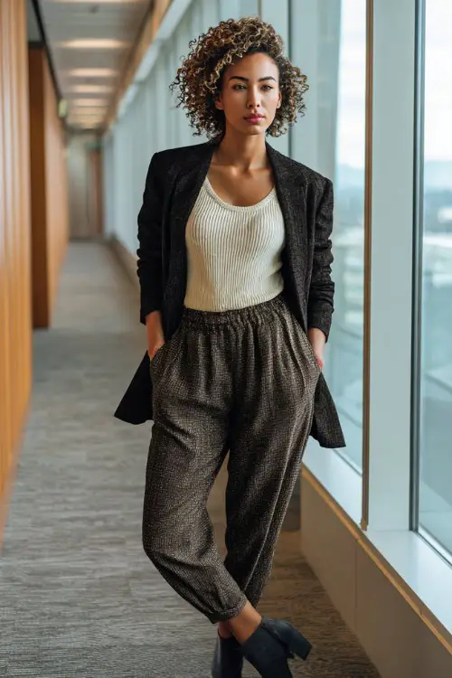 Full-body photo of a Black woman styled in a longline blazer with matching trousers and a refined knit top, sophisticated business casual look, bright modern office setting 