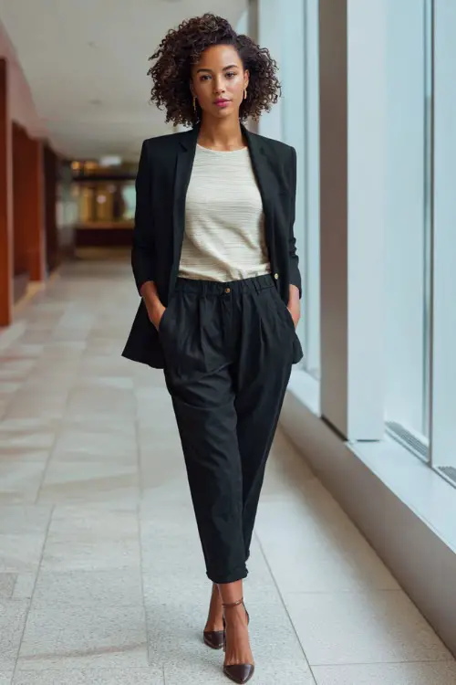 Full-body photo of a Black woman styled in a longline blazer with matching trousers and a refined knit top, sophisticated business casual look, bright modern office setting