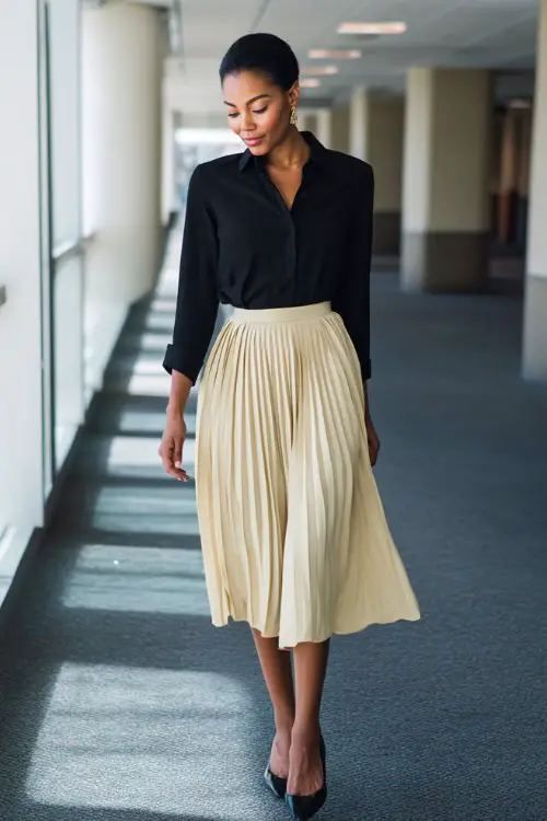 Full-body photo of a Black woman wearing a pleated midi skirt paired with a tucked-in blouse and low-heel pumps, graceful business casual style, bright corporate hallway 