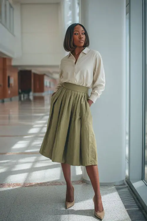 Full-body photo of a Black woman wearing a pleated midi skirt paired with a tucked-in blouse and low-heel pumps, graceful business casual style, bright corporate hallway 