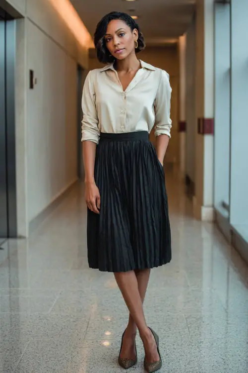 Full-body photo of a Black woman wearing a pleated midi skirt paired with a tucked-in blouse and low-heel pumps, graceful business casual style, bright corporate hallway