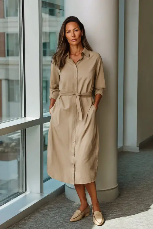 Full-body photo of a woman over 40 styled in a midi shirt dress with a belt and comfortable loafers, relaxed yet polished business casual outfit, modern indoor professional setting 