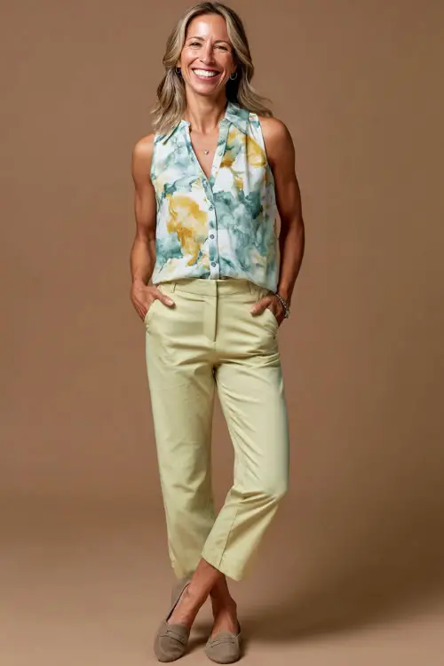 Full-body photo of a woman over 40 styled in a sleeveless blouse paired with cropped trousers and comfortable loafers, effortless casual business casual outfit 