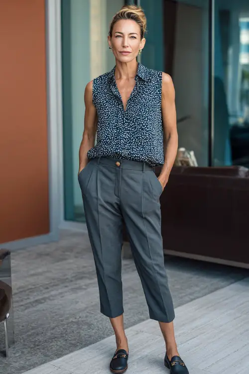 Full-body photo of a woman over 40 styled in a sleeveless blouse paired with cropped trousers and comfortable loafers, effortless casual business casual outfit