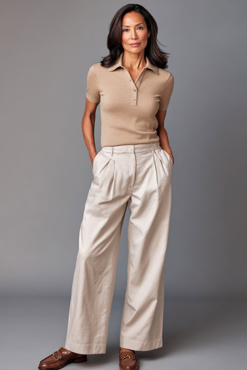 Full-body photo of a woman over 40 wearing a fine-knit polo top tucked into wide-leg trousers with loafers, comfortable and polished business casual style 