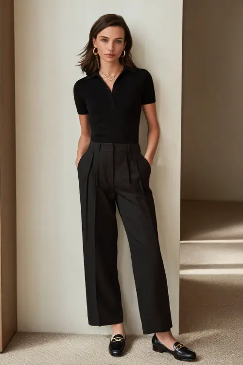 Full-body photo of a woman over 40 wearing a fine-knit polo top tucked into wide-leg trousers with loafers, comfortable and polished business casual style