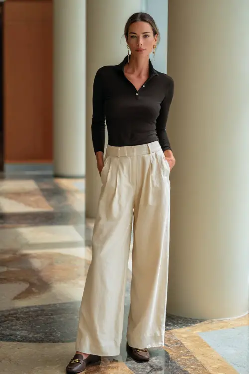 Full-body photo of a woman over 40 wearing a fine-knit polo top tucked into wide-leg trousers with loafers, comfortable and polished business casual style