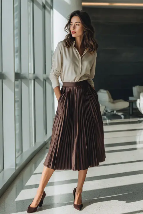 Full-body photo of a woman over 40 wearing a pleated midi skirt paired with a refined blouse and block-heel shoes, graceful business casual ensemble