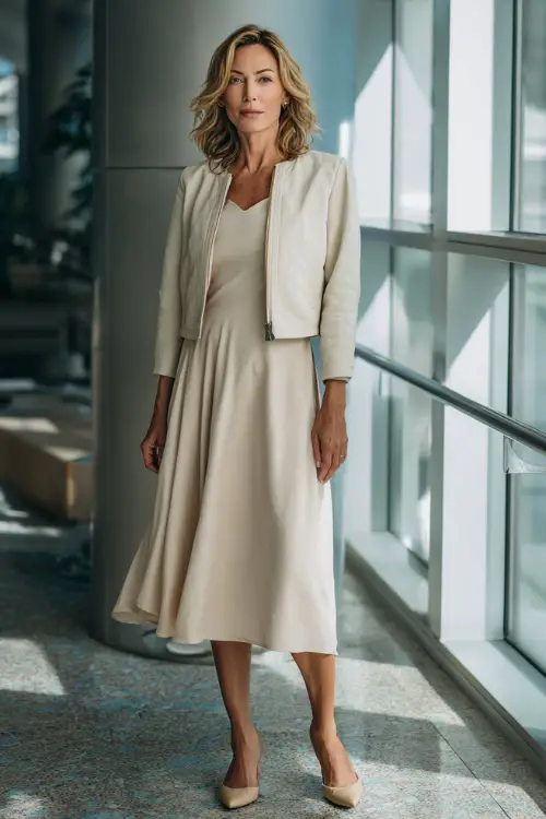 Full-body photo of a woman over 50 styled in a soft A-line midi dress paired with a cropped jacket and pointed flats, refined business casual outfit