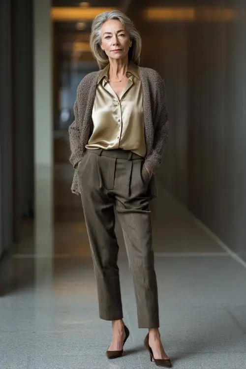 Full-body photo of a woman over 50 wearing a structured cardigan over a silk-style blouse, ankle-length tailored pants, and low heels, timeless business casual style