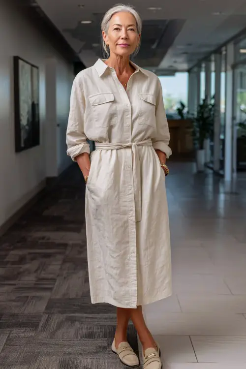 Full-body photo of a woman over 55 styled in a midi shirt dress with a belt and comfortable loafers, relaxed yet polished business casual outfit, modern indoor professional setting