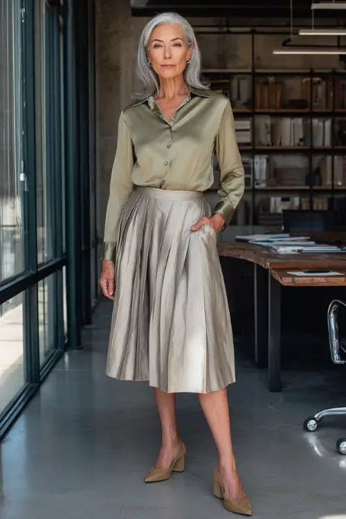 Full-body photo of a woman over 55 wearing a midi pleated skirt paired with a refined blouse and block-heel shoes, graceful business casual ensemble, modern office interior 