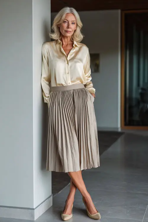 Full-body photo of a woman over 55 wearing a midi pleated skirt paired with a refined blouse and block-heel shoes, graceful business casual ensemble, modern office interior